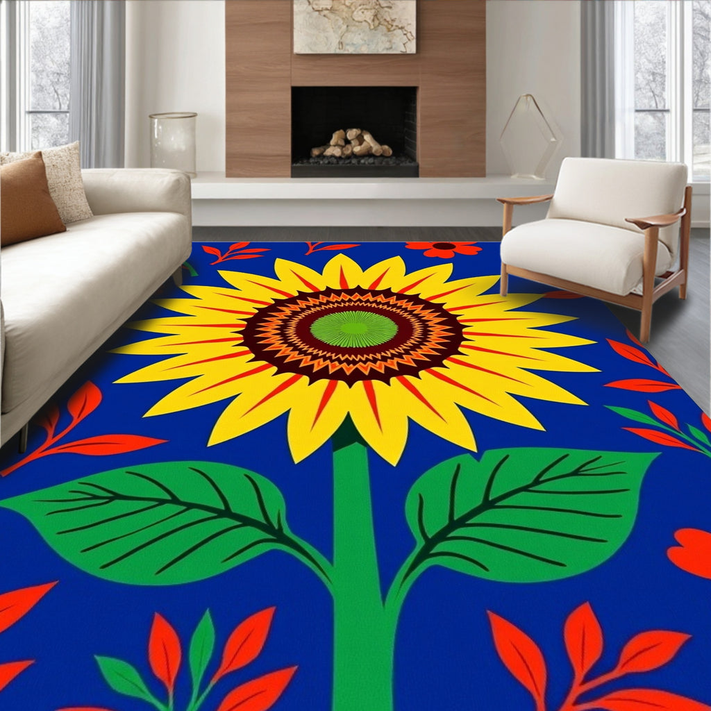 Bold Yellow Sunflower Red Leaf Medallion Rug