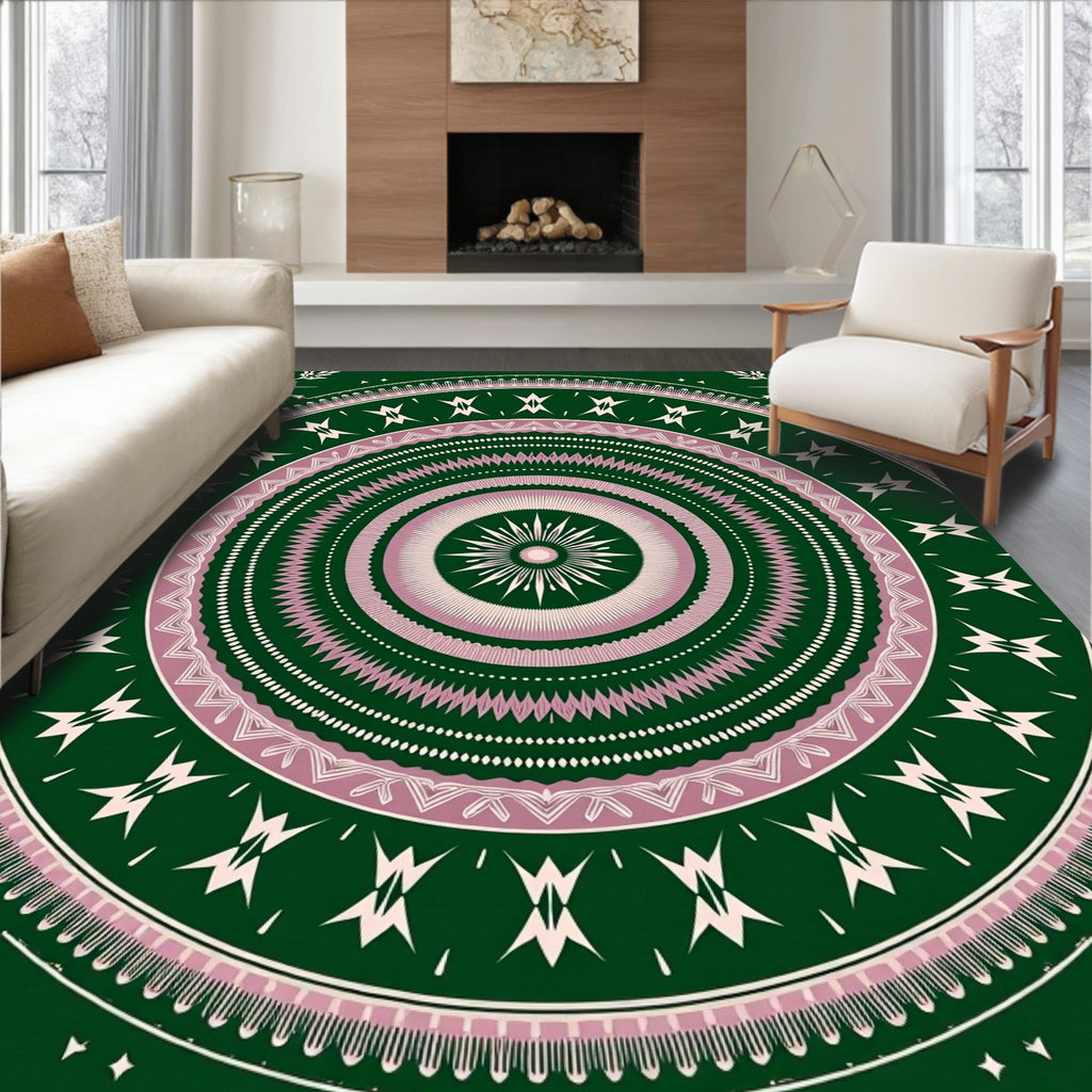Deep Emerald Pink Concentric Sunburst Rug