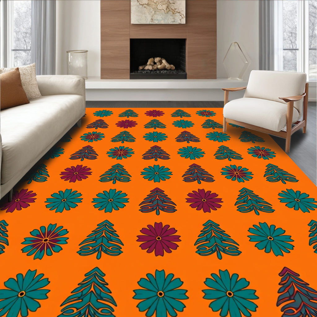 Crimson and Teal Evergreen Floral Stripe Rug