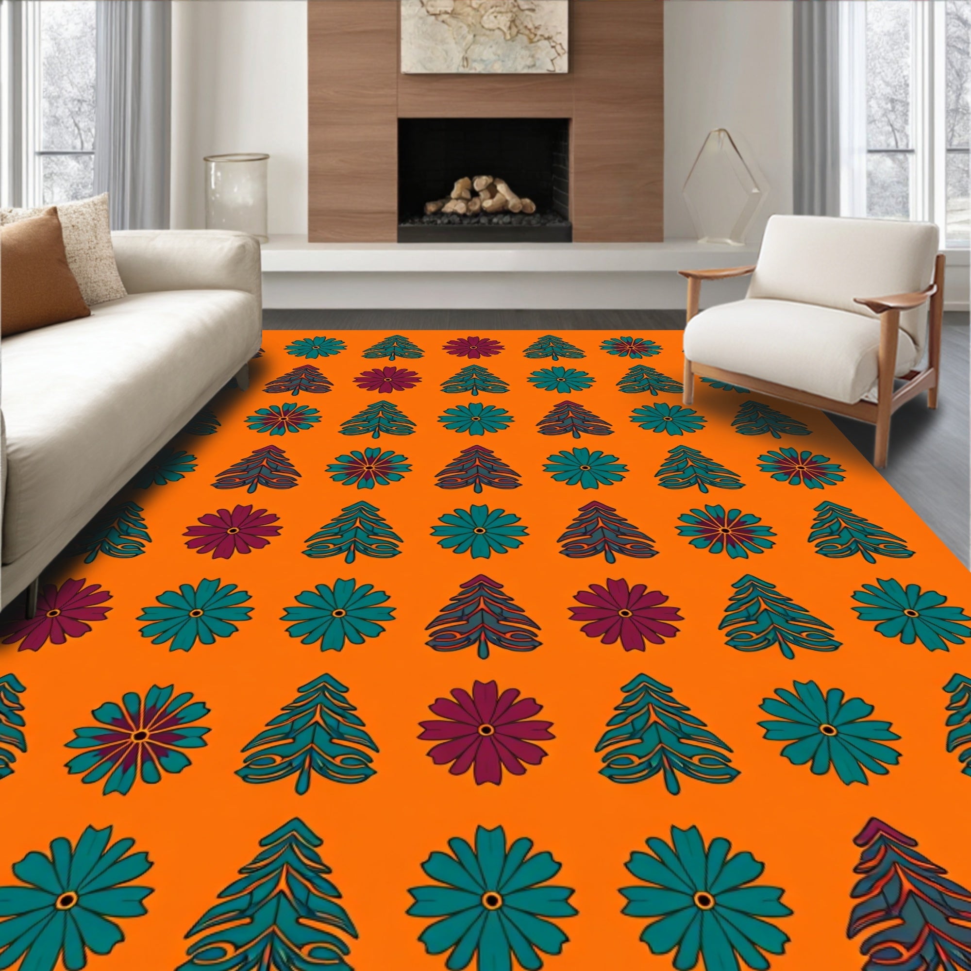 Crimson and Teal Evergreen Floral Stripe Rug