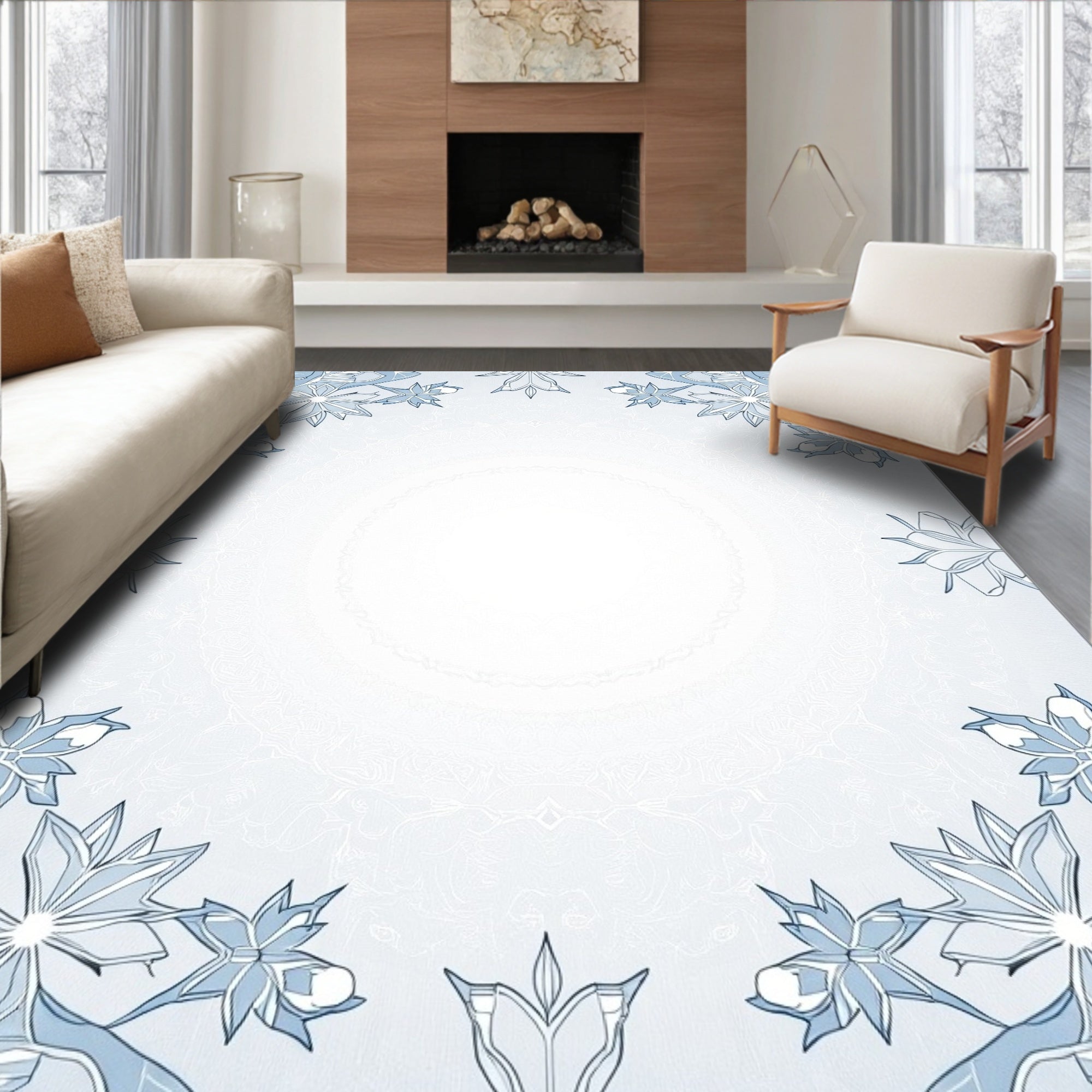 Sky Blue Floral Border Lace Rug