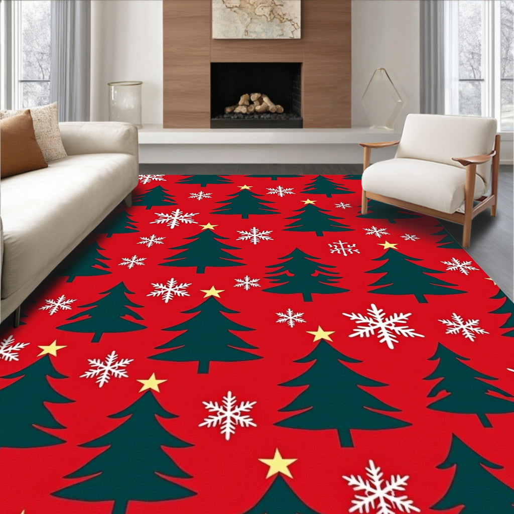 Festive Red Christmas Tree Snowflake Rug