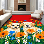 Golden Puppies Amongst Bright Flowers Rug