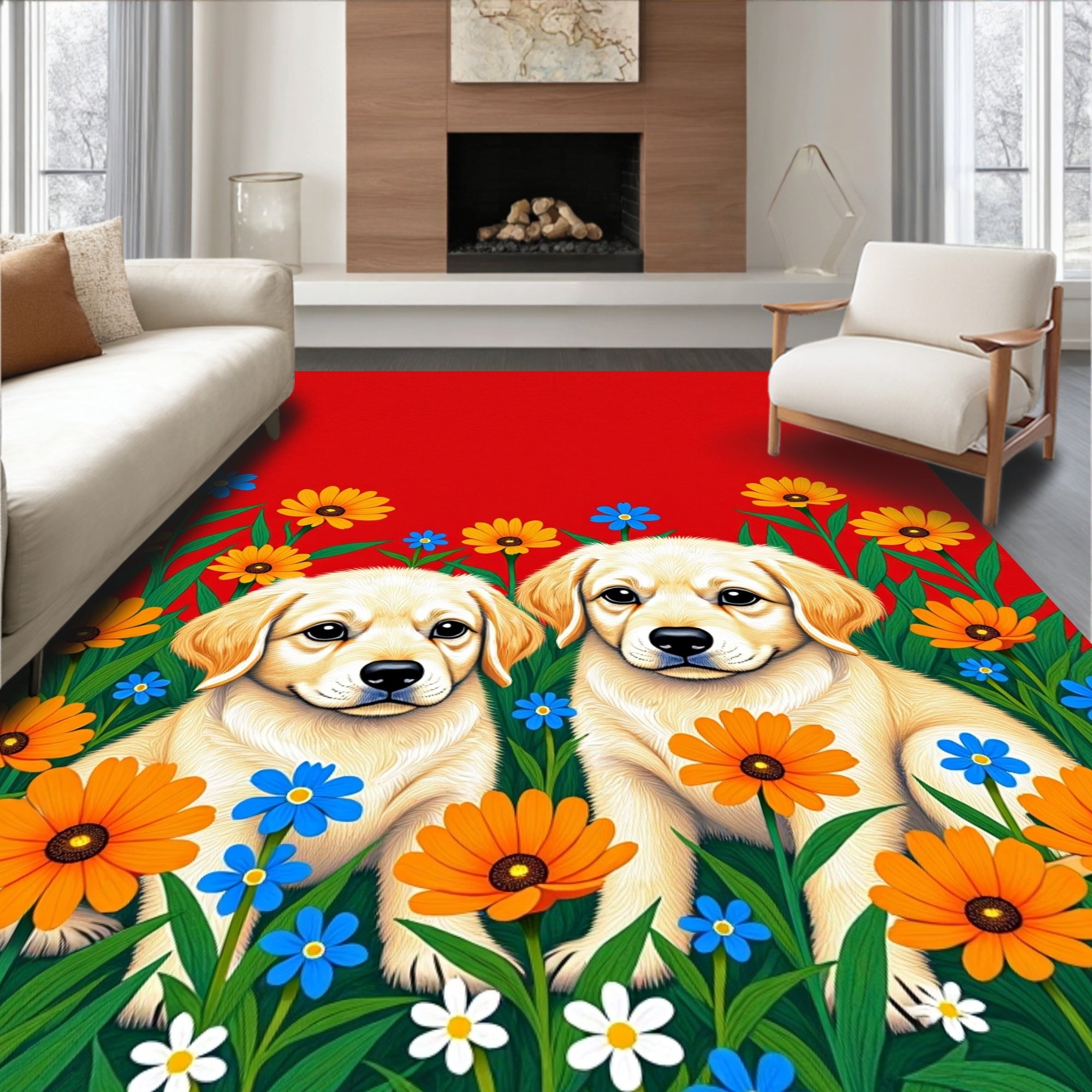 Golden Puppies Amongst Bright Flowers Rug