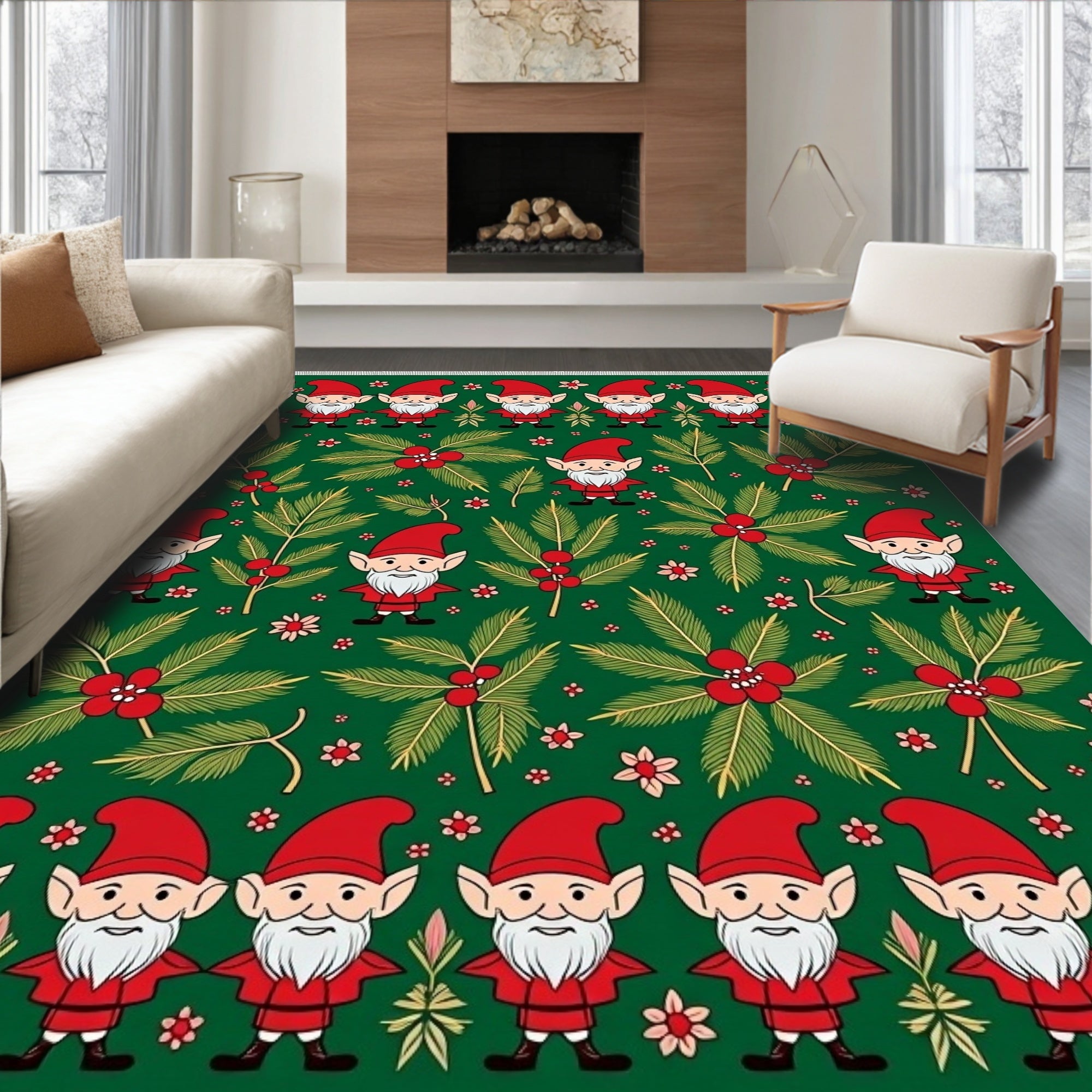 Green Elves Holly Berry Christmas Rug