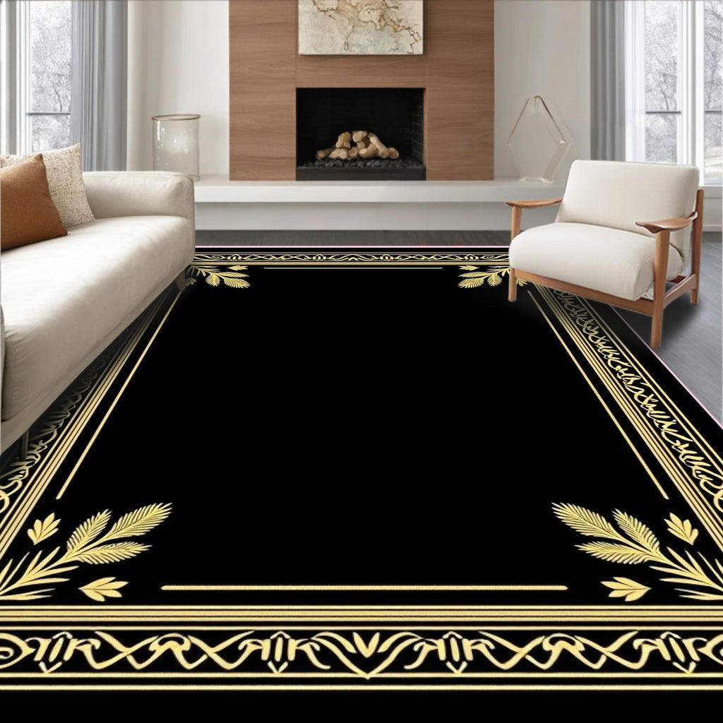 Golden Black Ornate Leaf Border Rug