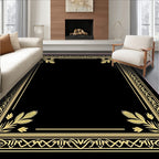 Golden Black Ornate Leaf Border Rug