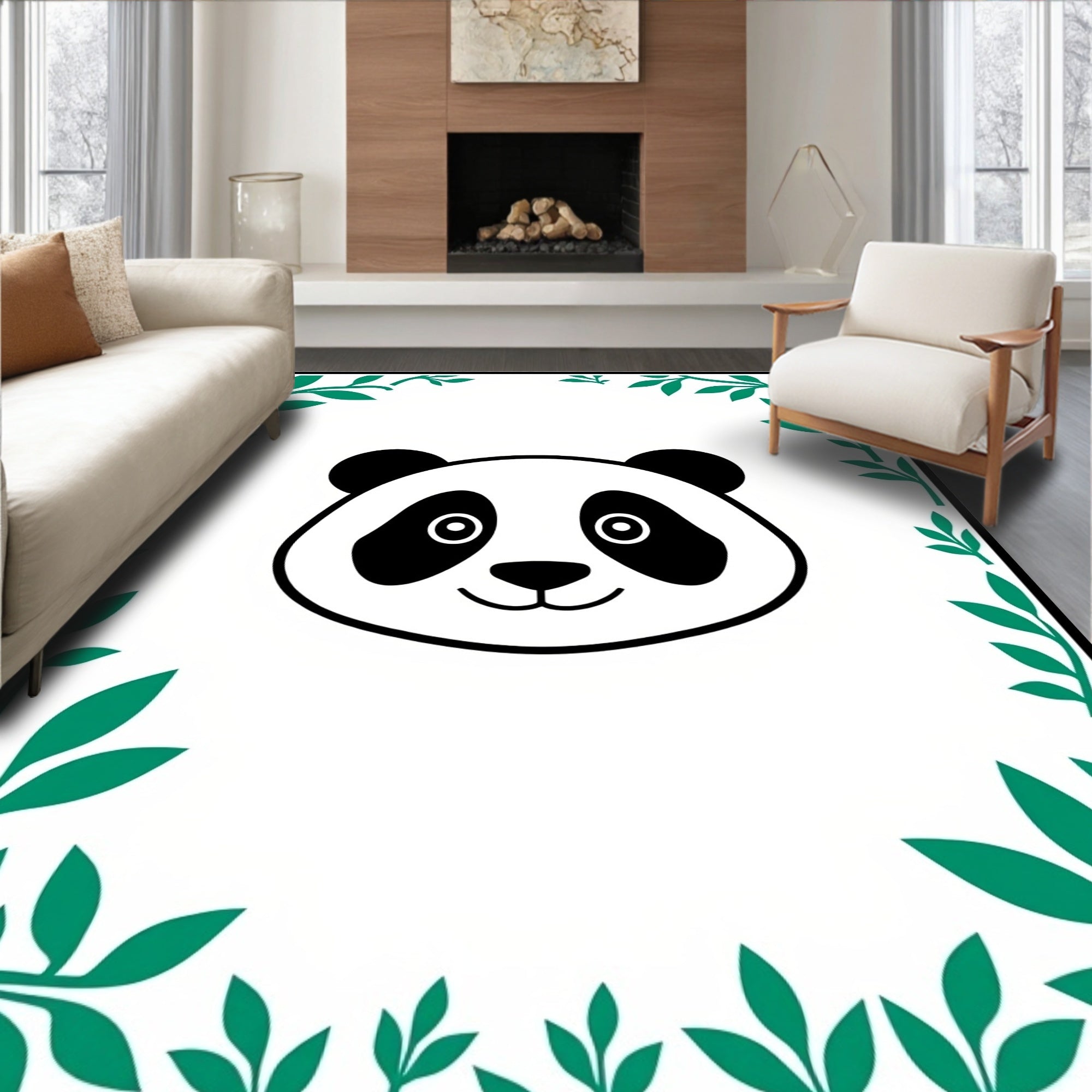 Playful Panda with Green Bamboo Frame Rug