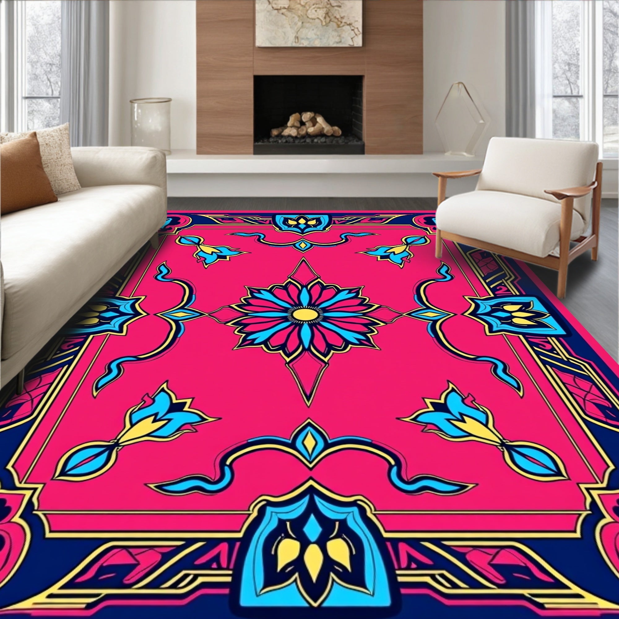Vibrant Pink Blue Floral Medallion Rug