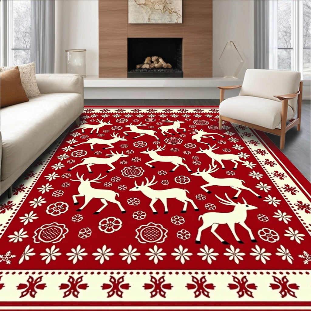 Red Deer and Floral Folk Art Rug