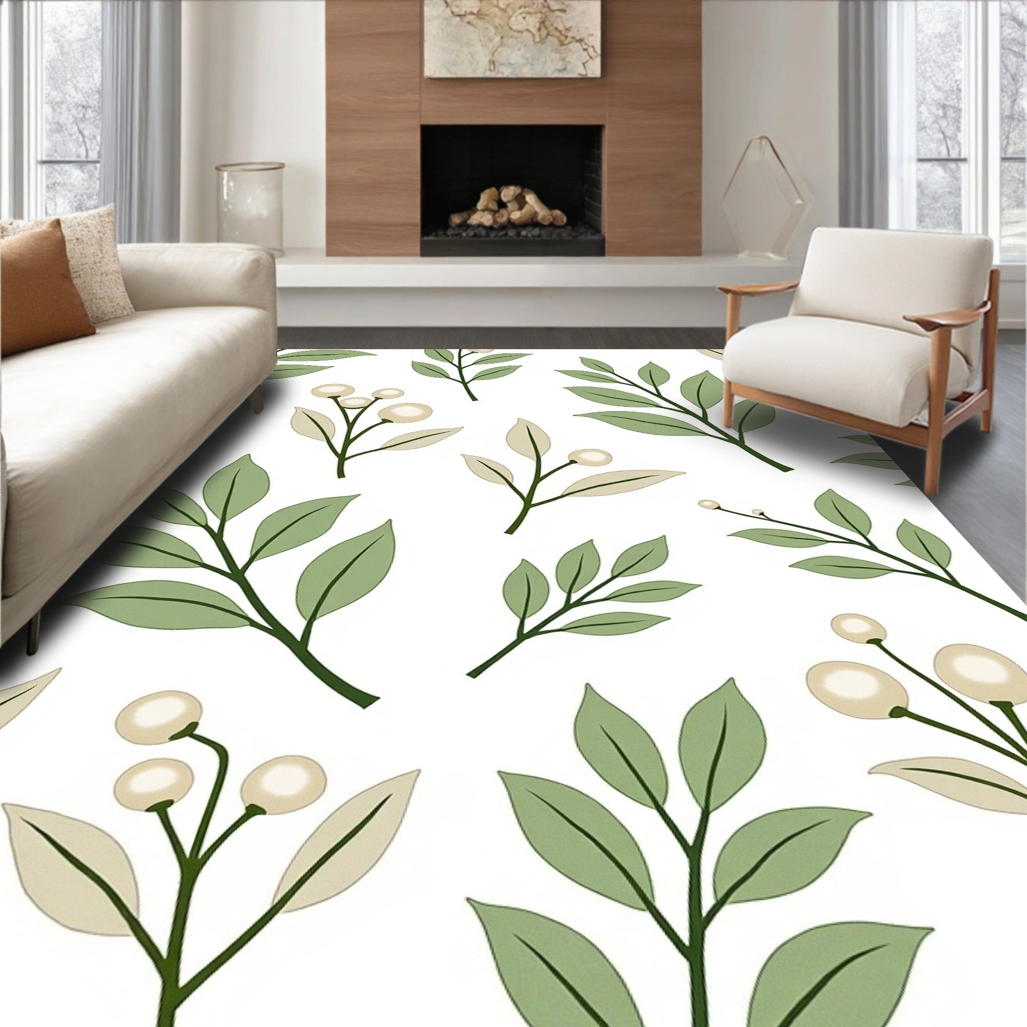 Botanical Sprigs Ivory Cream Greenery Rug