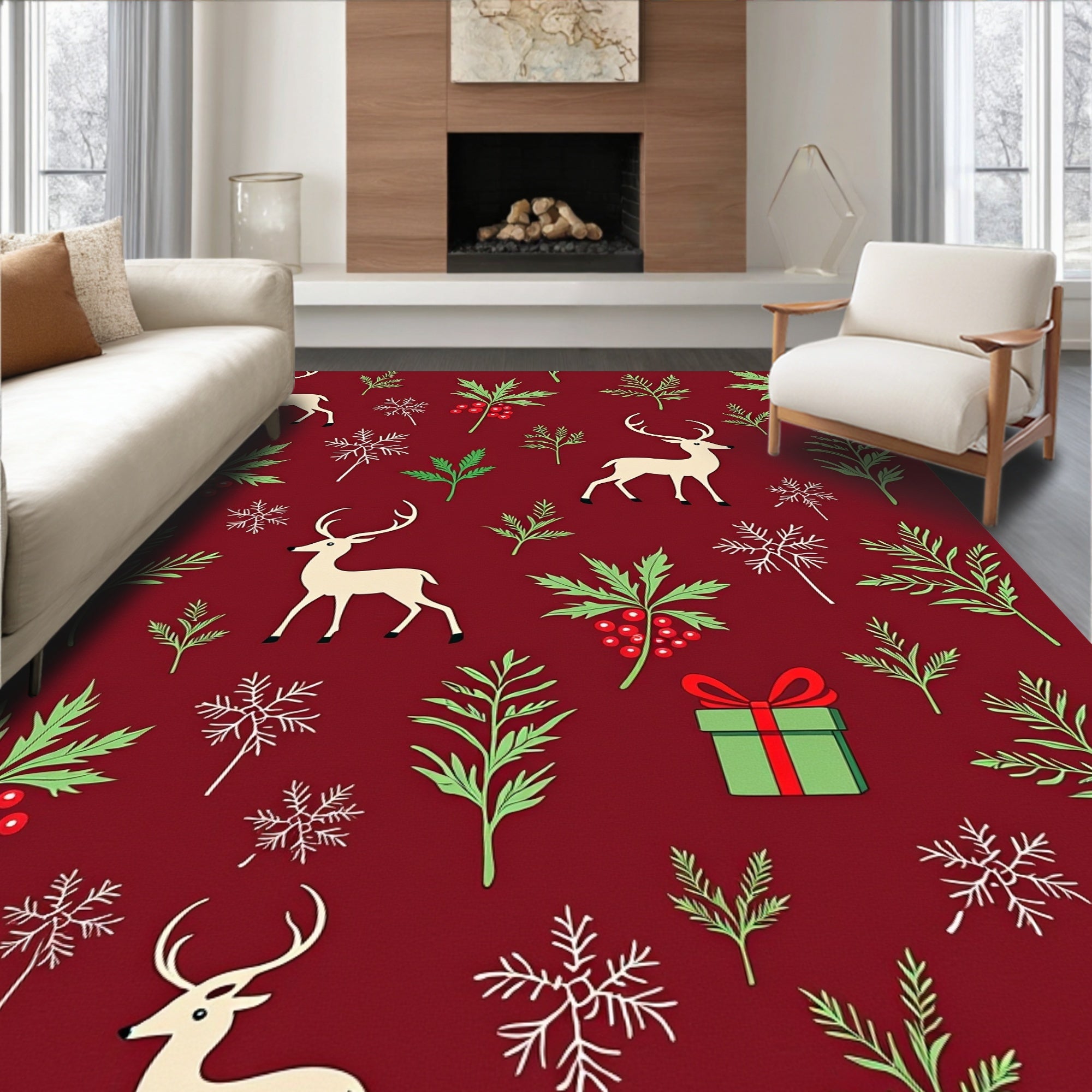 Cream Deer Festive Holly Snowflakes Gift Rug