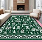 Forest Village Christmas Village Green White Rug