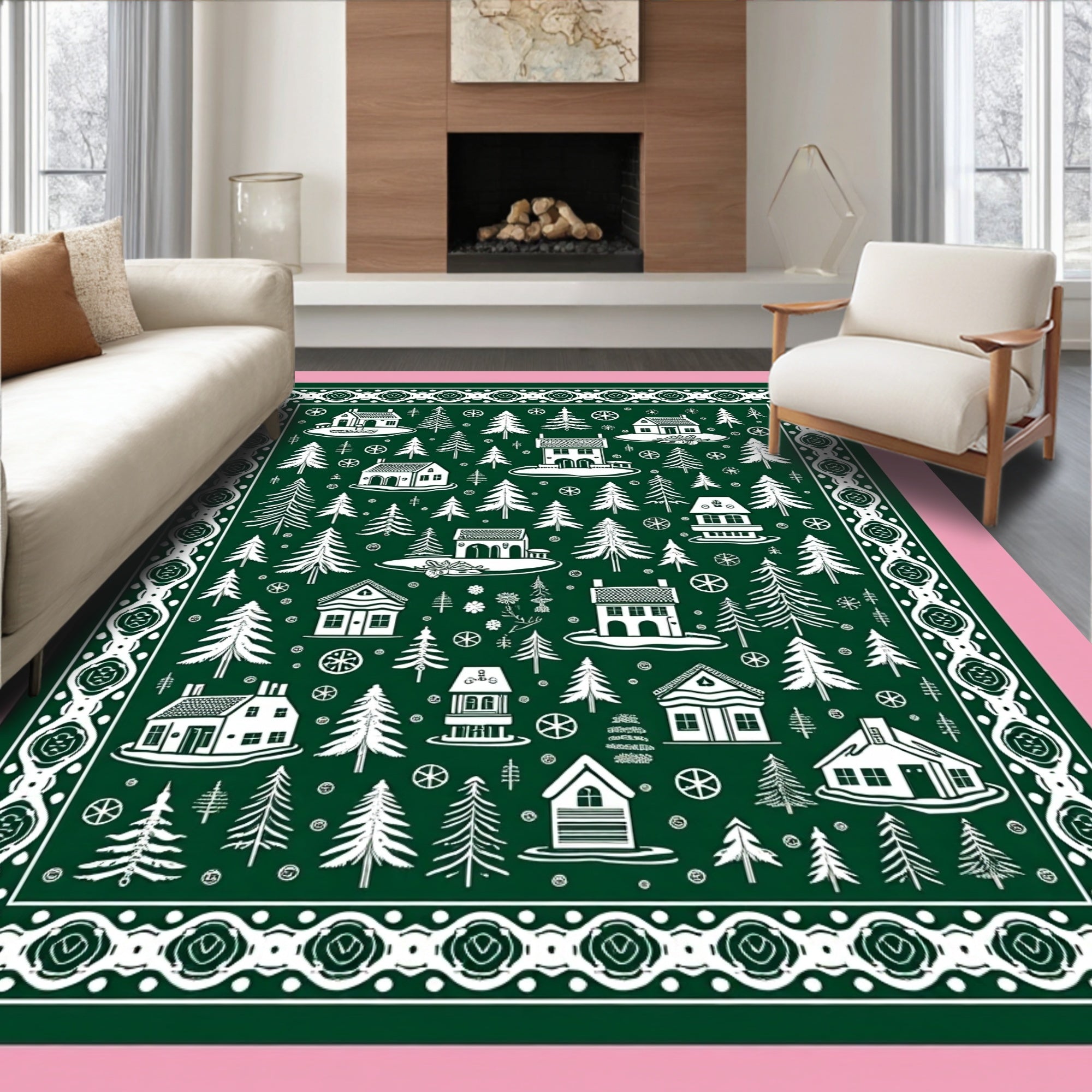 Forest Village Christmas Village Green White Rug