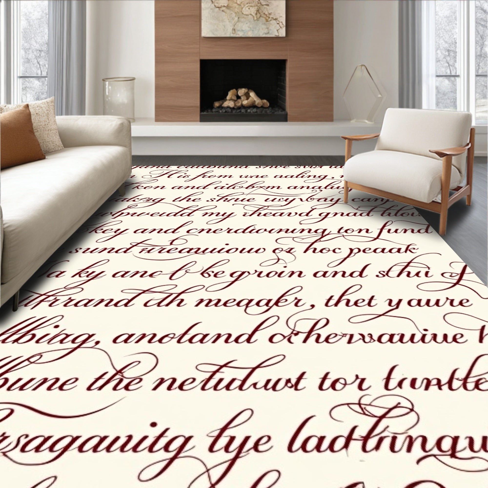 Ornate Script Red on Cream Rug