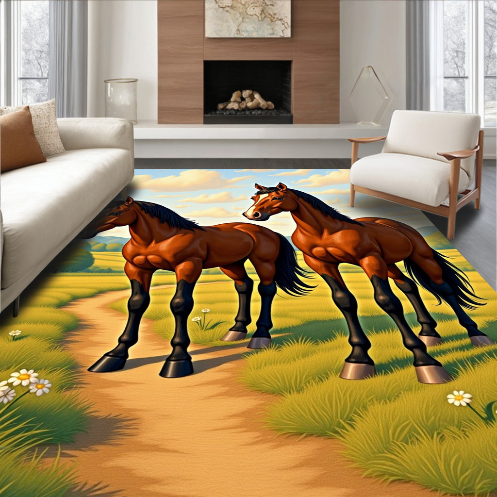 Majestic Chestnut Horses Meadow Scene Rug