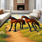 Majestic Chestnut Horses Meadow Scene Rug