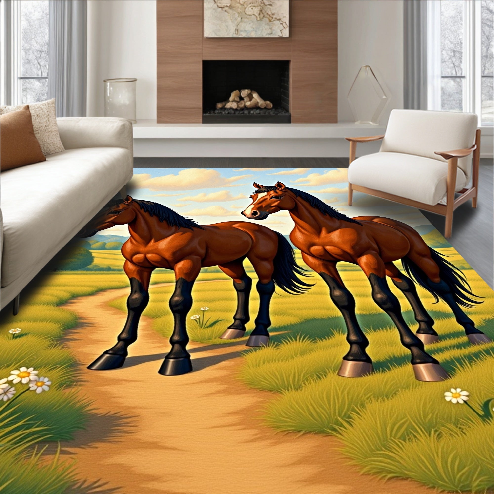 Majestic Chestnut Horses Meadow Scene Rug