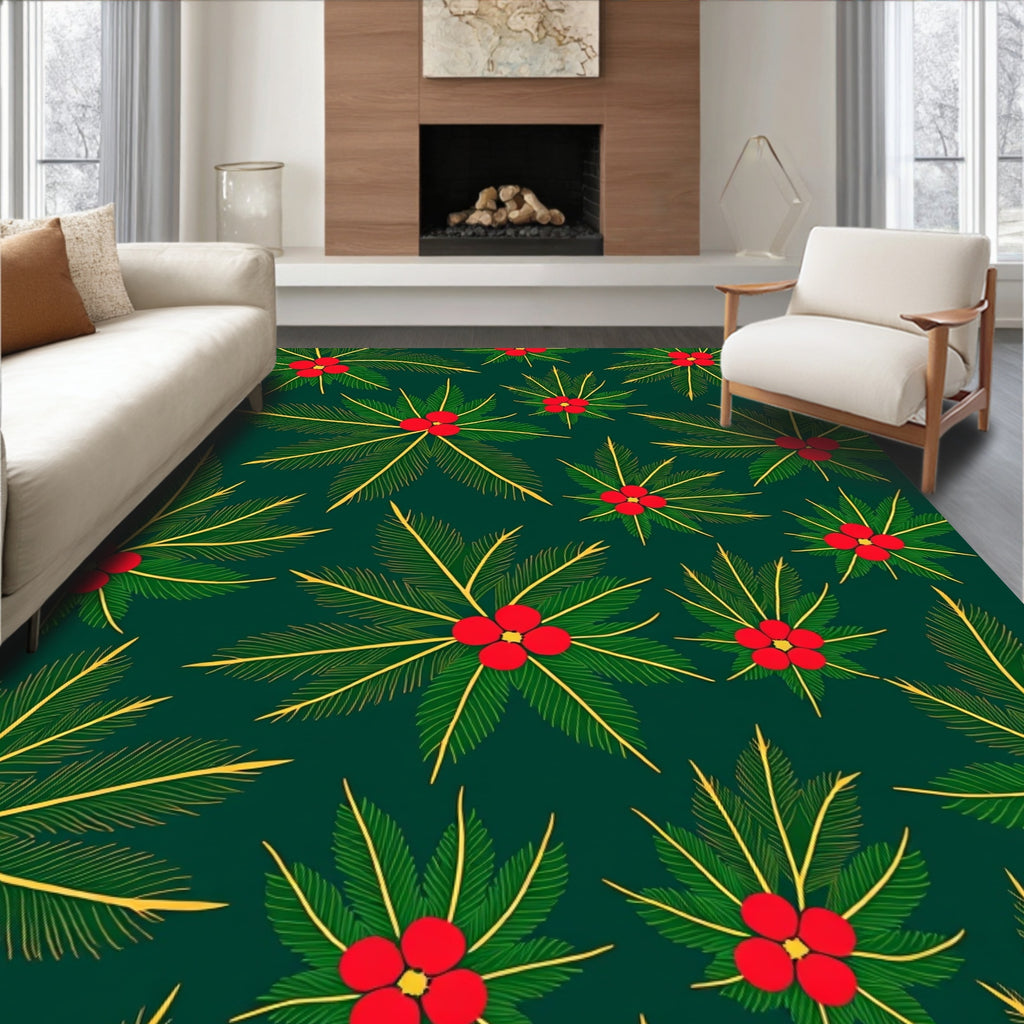 Emerald Green Red Berry Holly Burst Rug