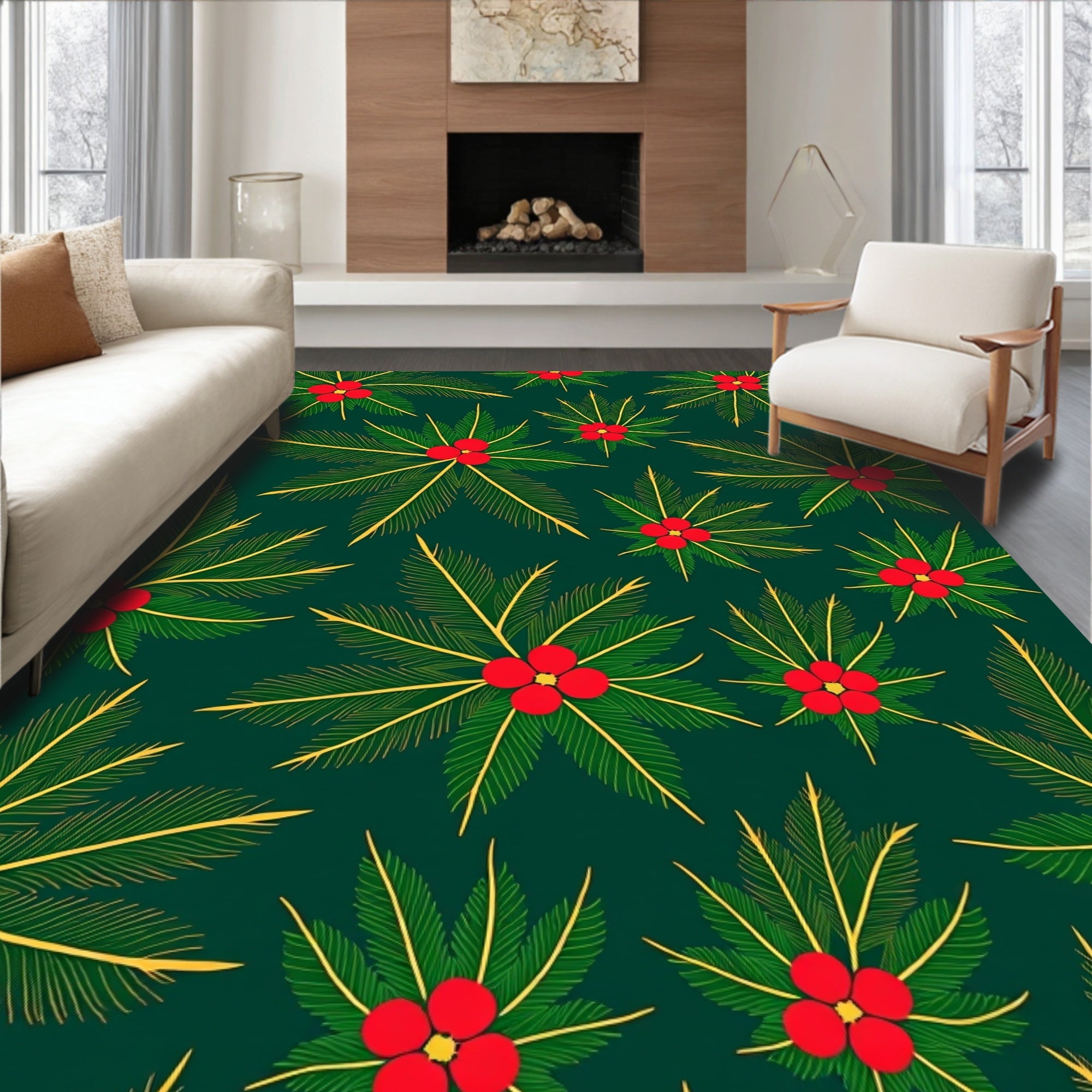 Emerald Green Red Berry Holly Burst Rug
