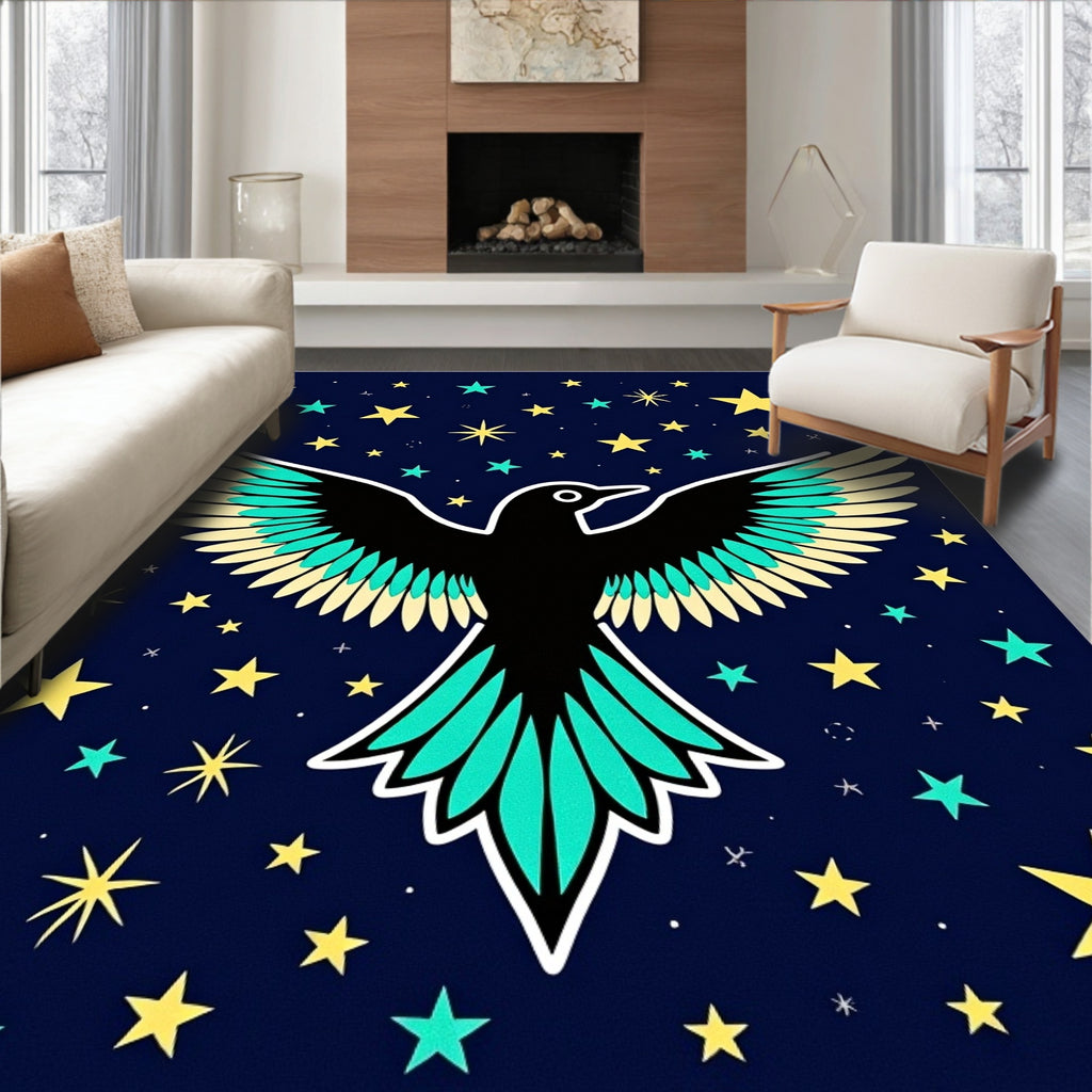 Black Bird Among Yellow Stars Rug