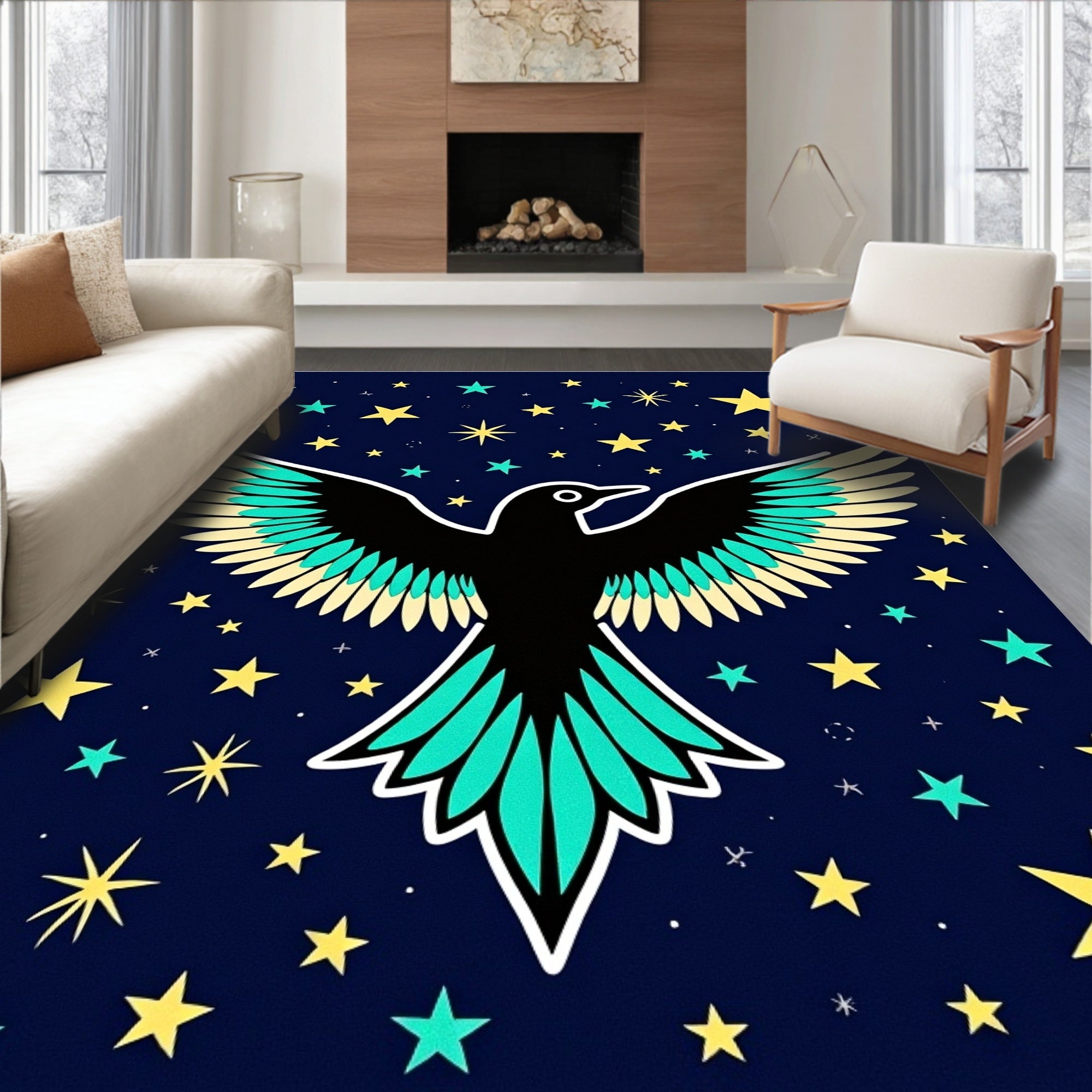 Black Bird Among Yellow Stars Rug