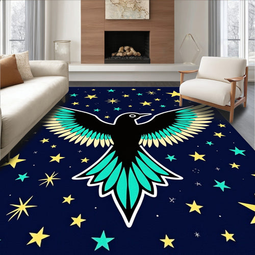 Black Bird Among Yellow Stars Rug