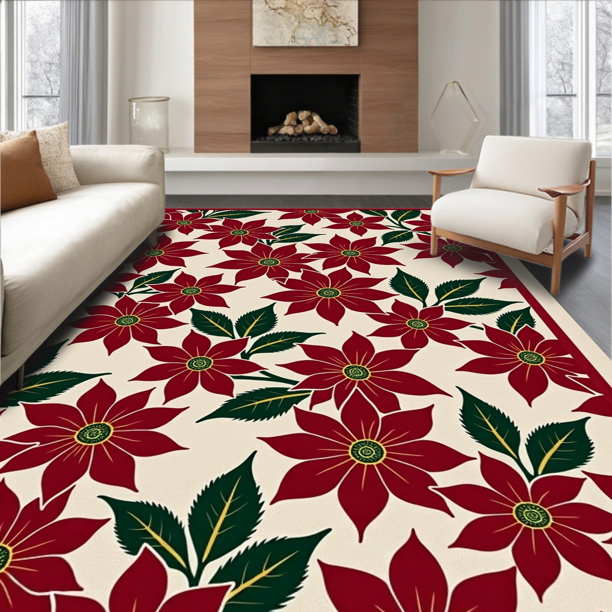 Crimson Red Floral Garden Rug