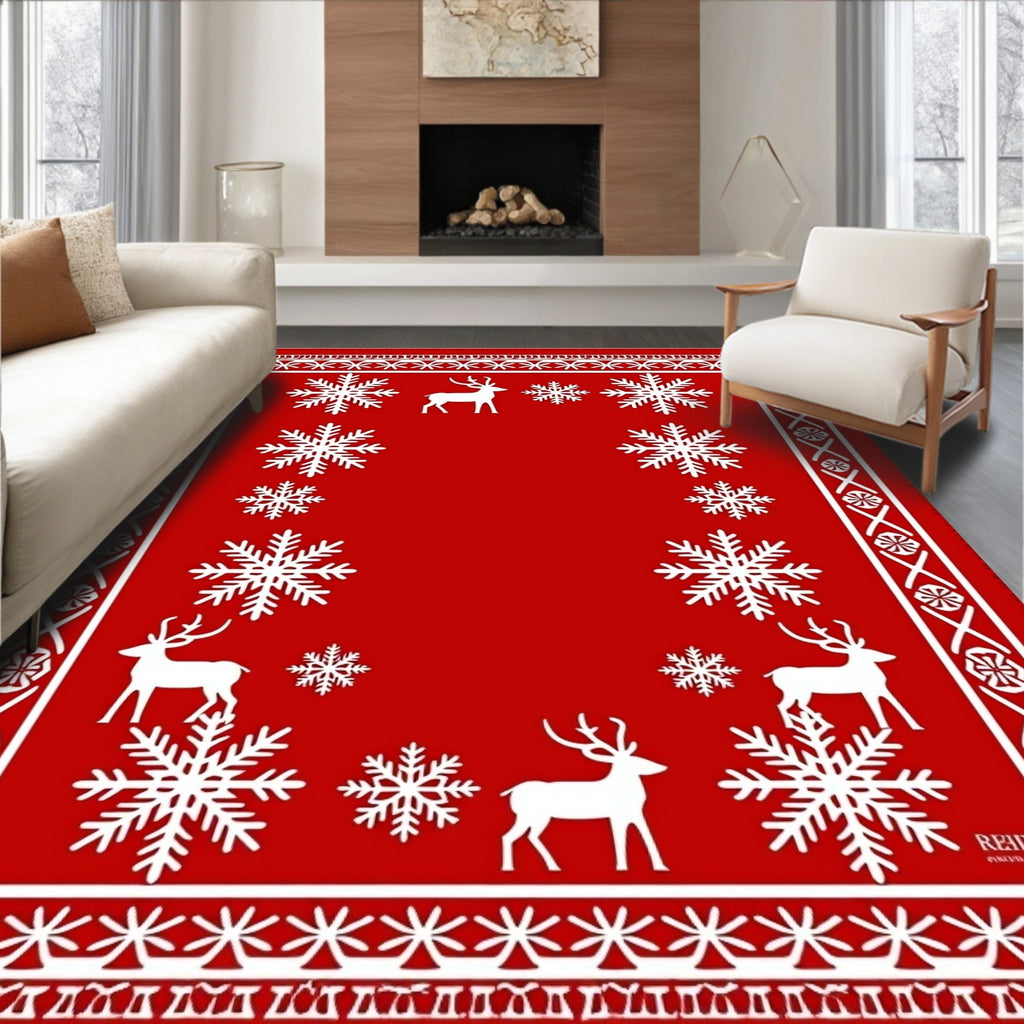 Red White Snowflake Deer Border Rug