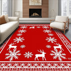 Red White Snowflake Deer Border Rug