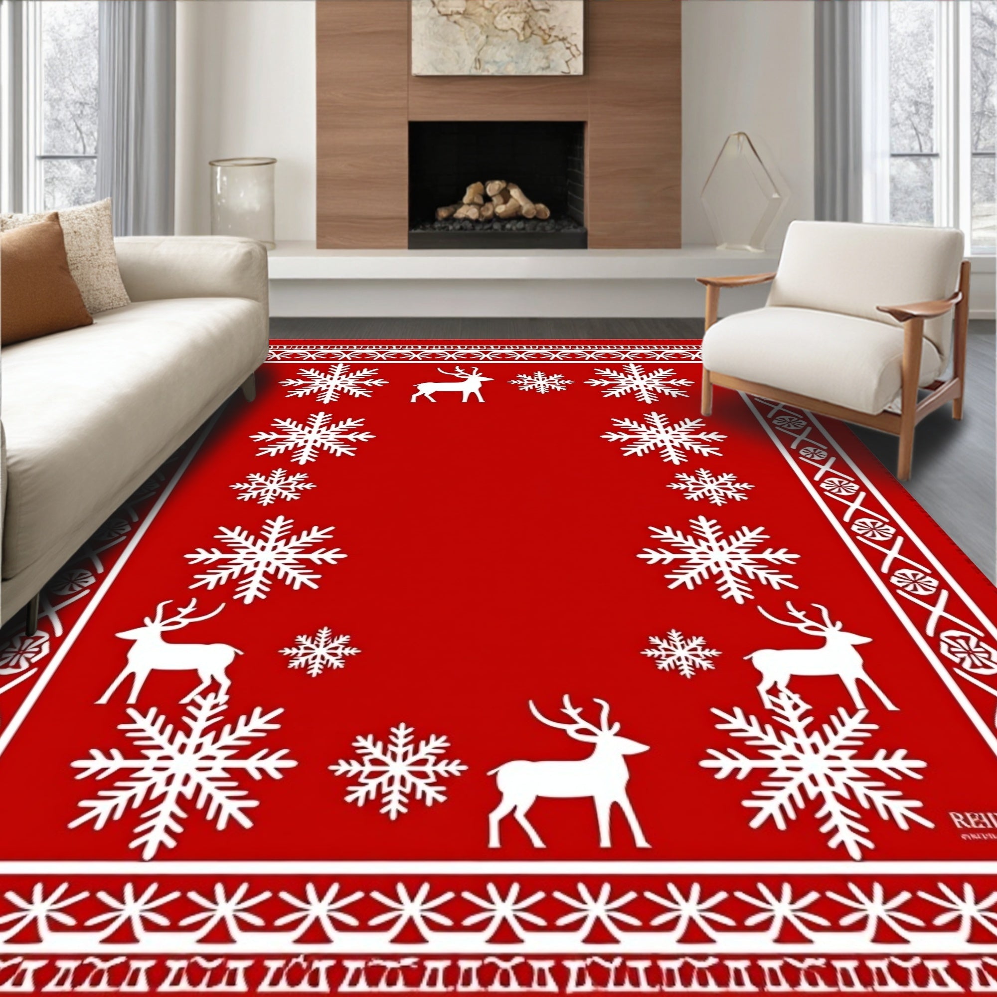 Red White Snowflake Deer Border Rug
