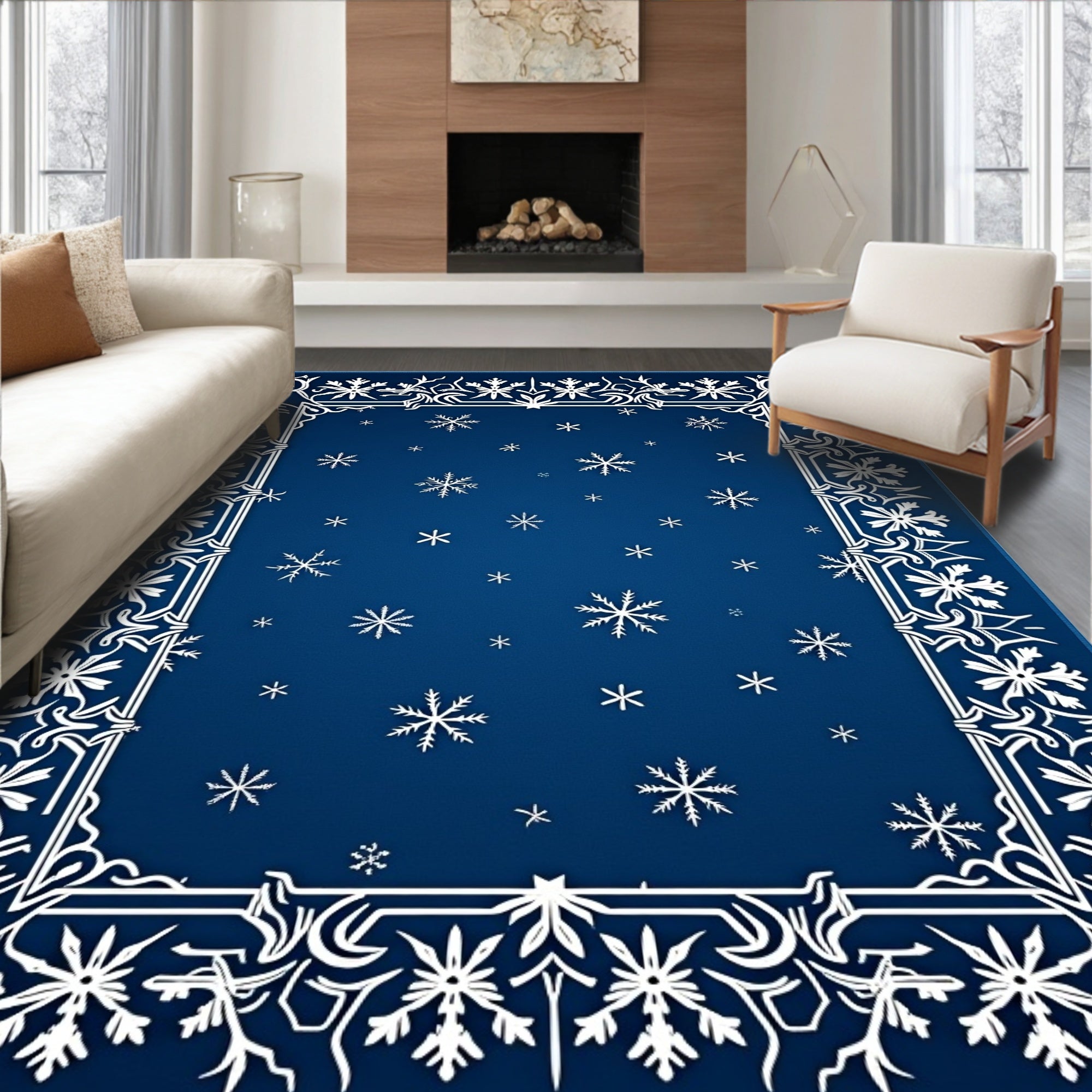 Classic White Snowflake Border Rug