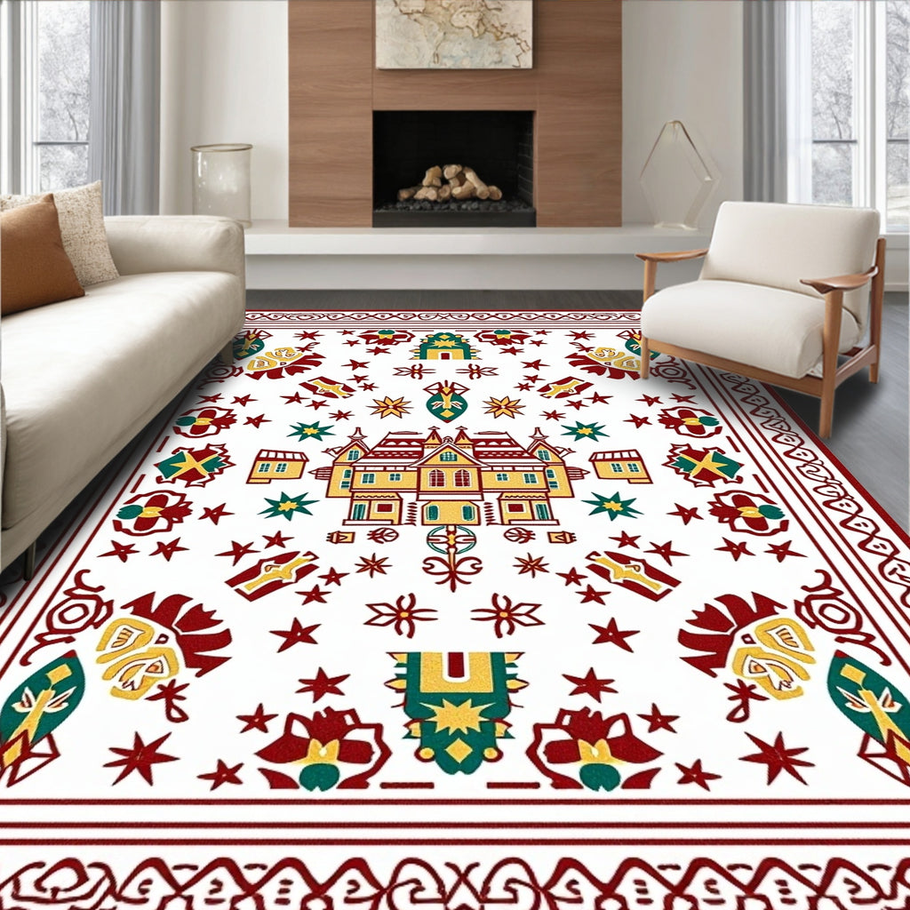 Vibrant red yellow and teal house motif Rug