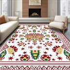 Vibrant red yellow and teal house motif Rug