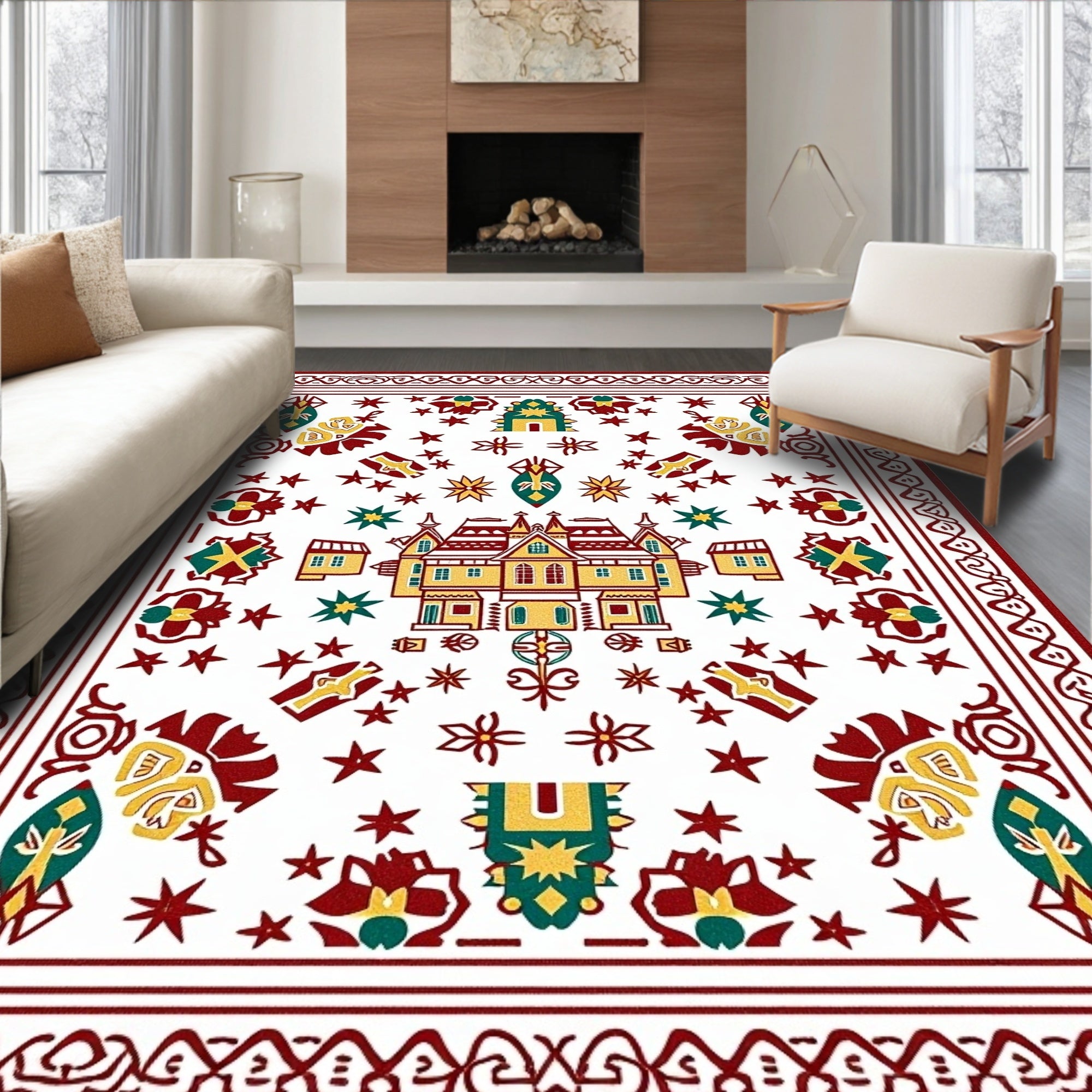 Vibrant red yellow and teal house motif Rug