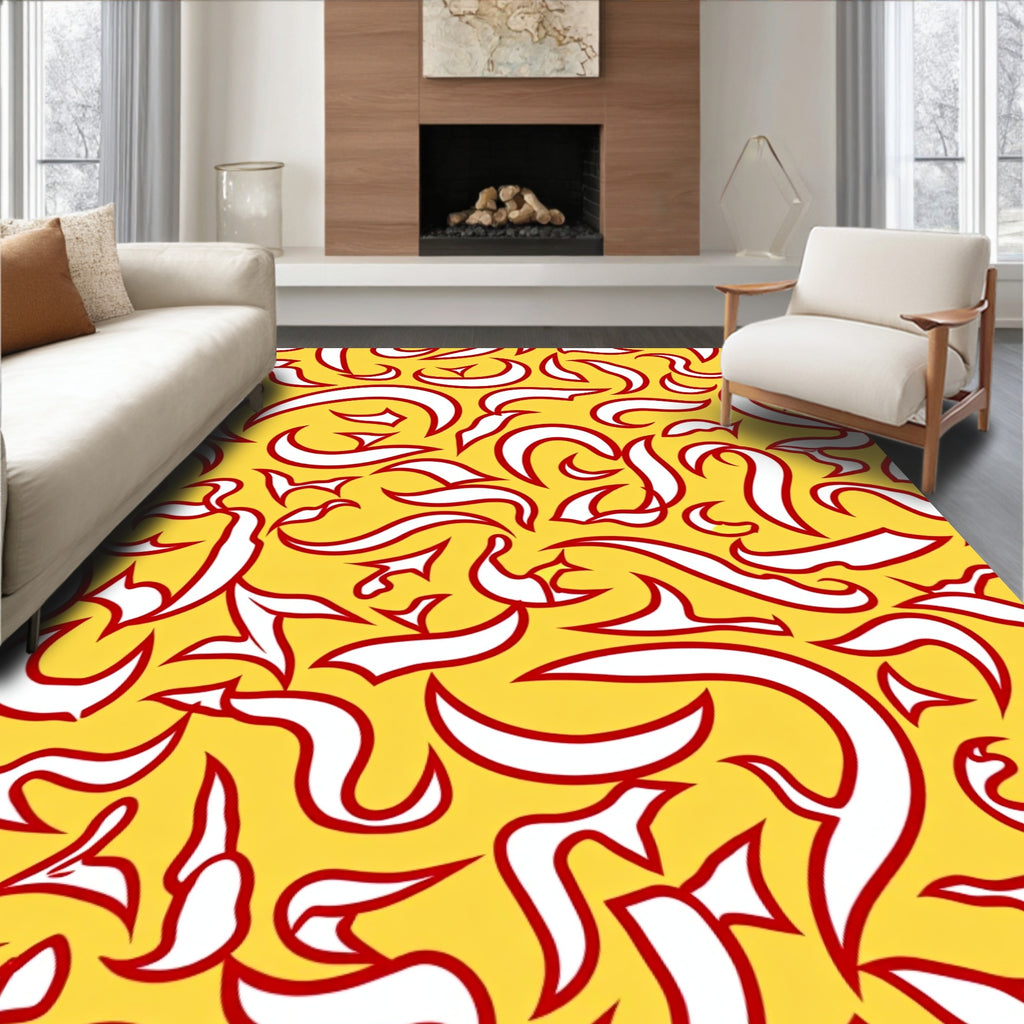 Golden Yellow Red Flowing Swirls Rug
