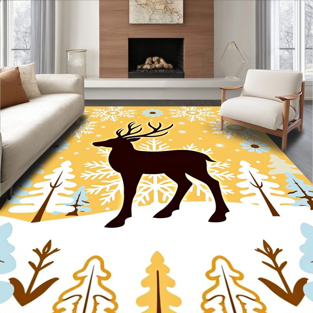 Golden Yellow Winter Deer Snowflake Scene Rug