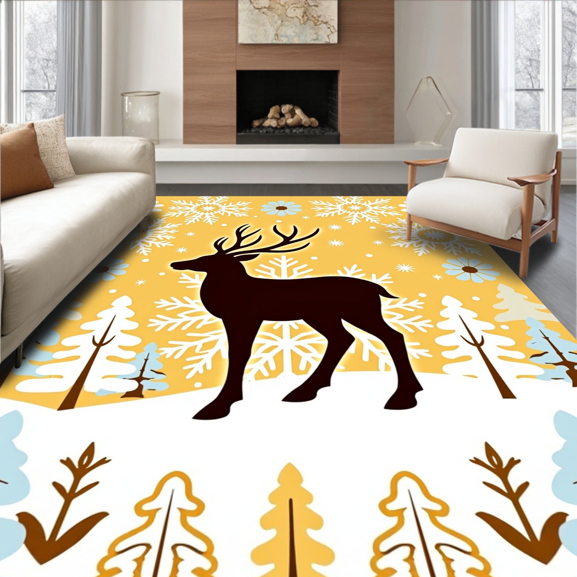 Golden Yellow Winter Deer Snowflake Scene Rug