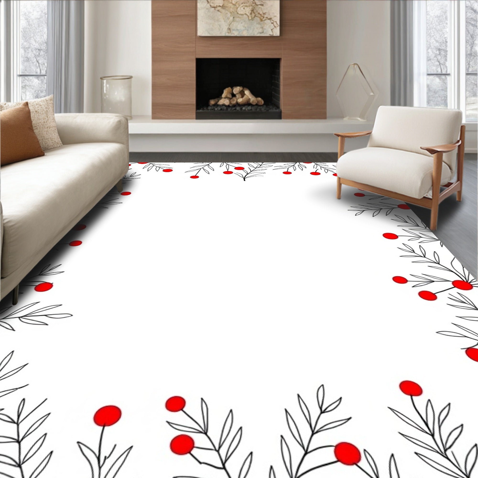 Red Berry Branch Outline Border Rug