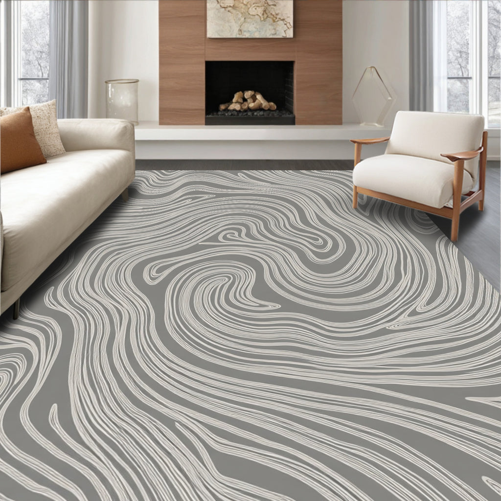 Gray White Swirling Organic Lines Rug