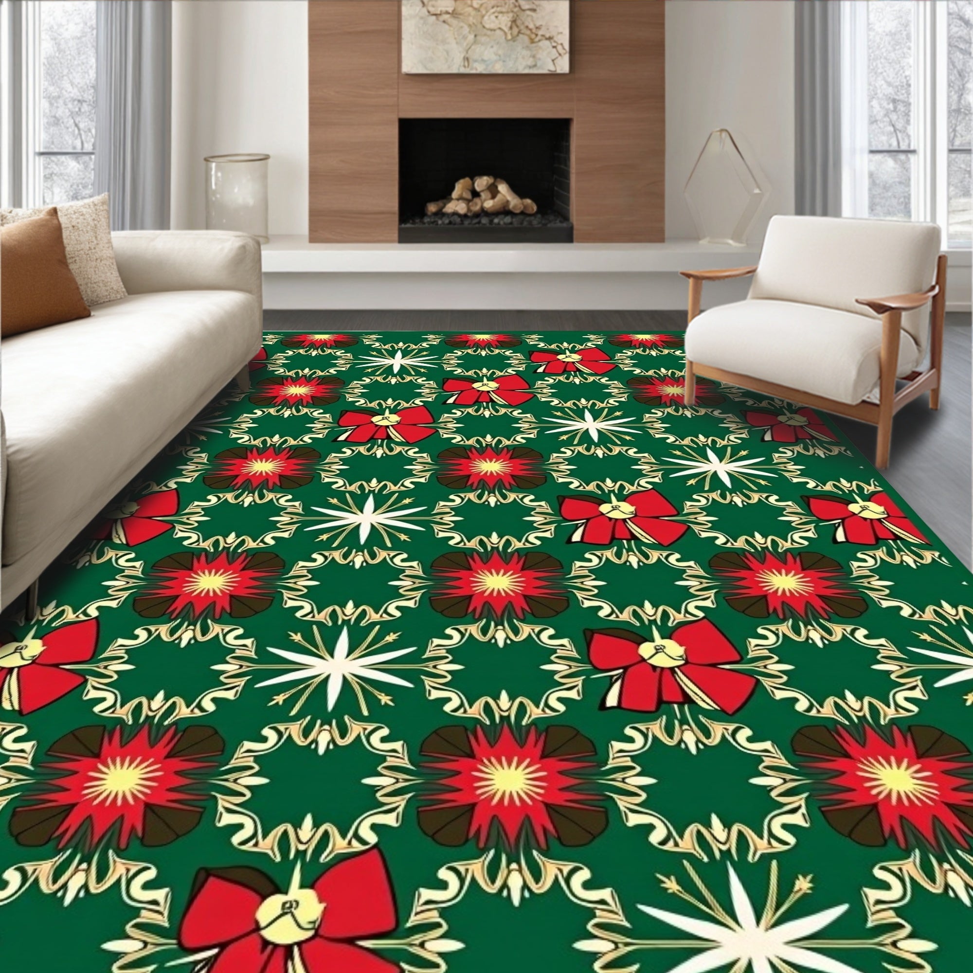 Red Festive Floral Bow Medallion Rug