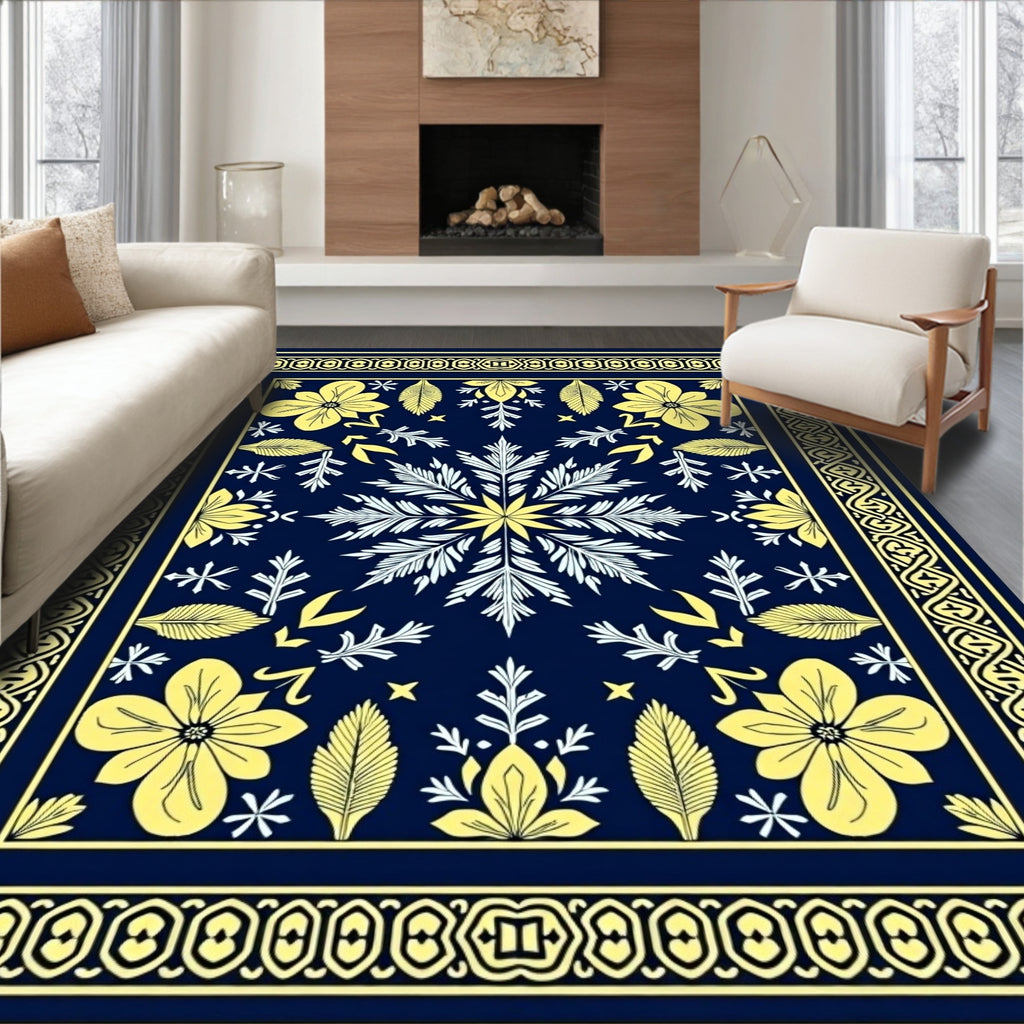 Navy Yellow Floral Medallion Border Rug