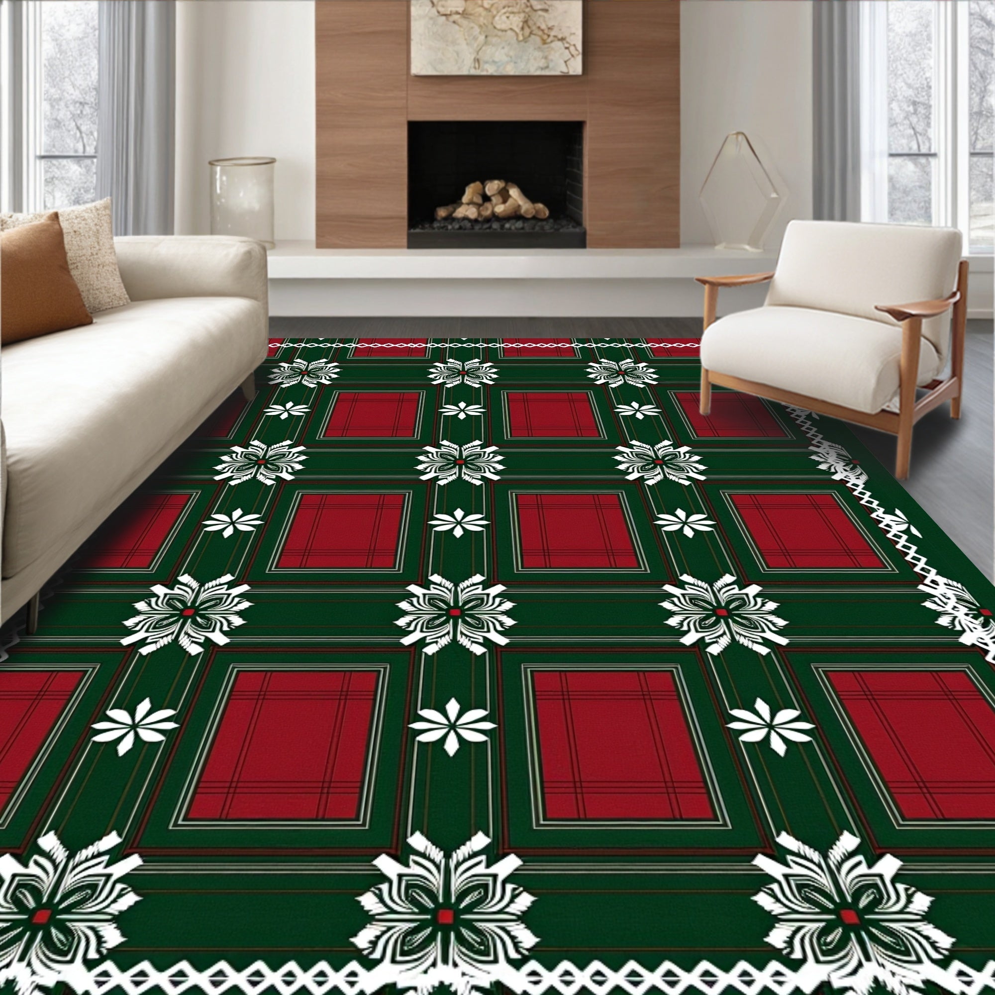 Green Red Plaid Floral Border Rug