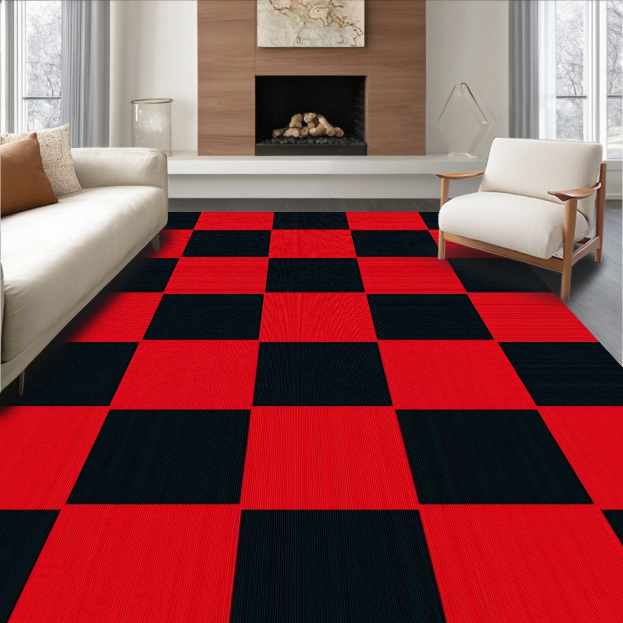Bold Red Black Checkered Squares Rug