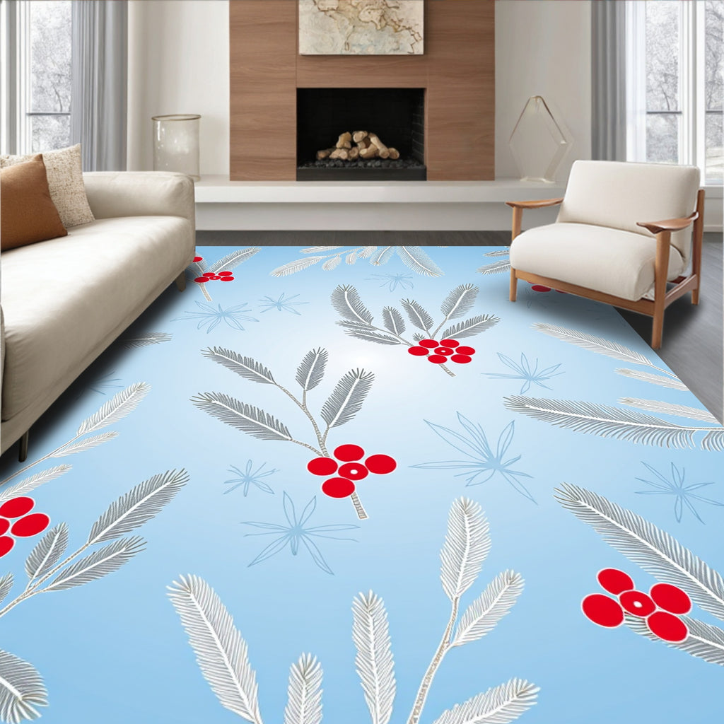 Winter Holly Berry Branches Blue Sky Rug