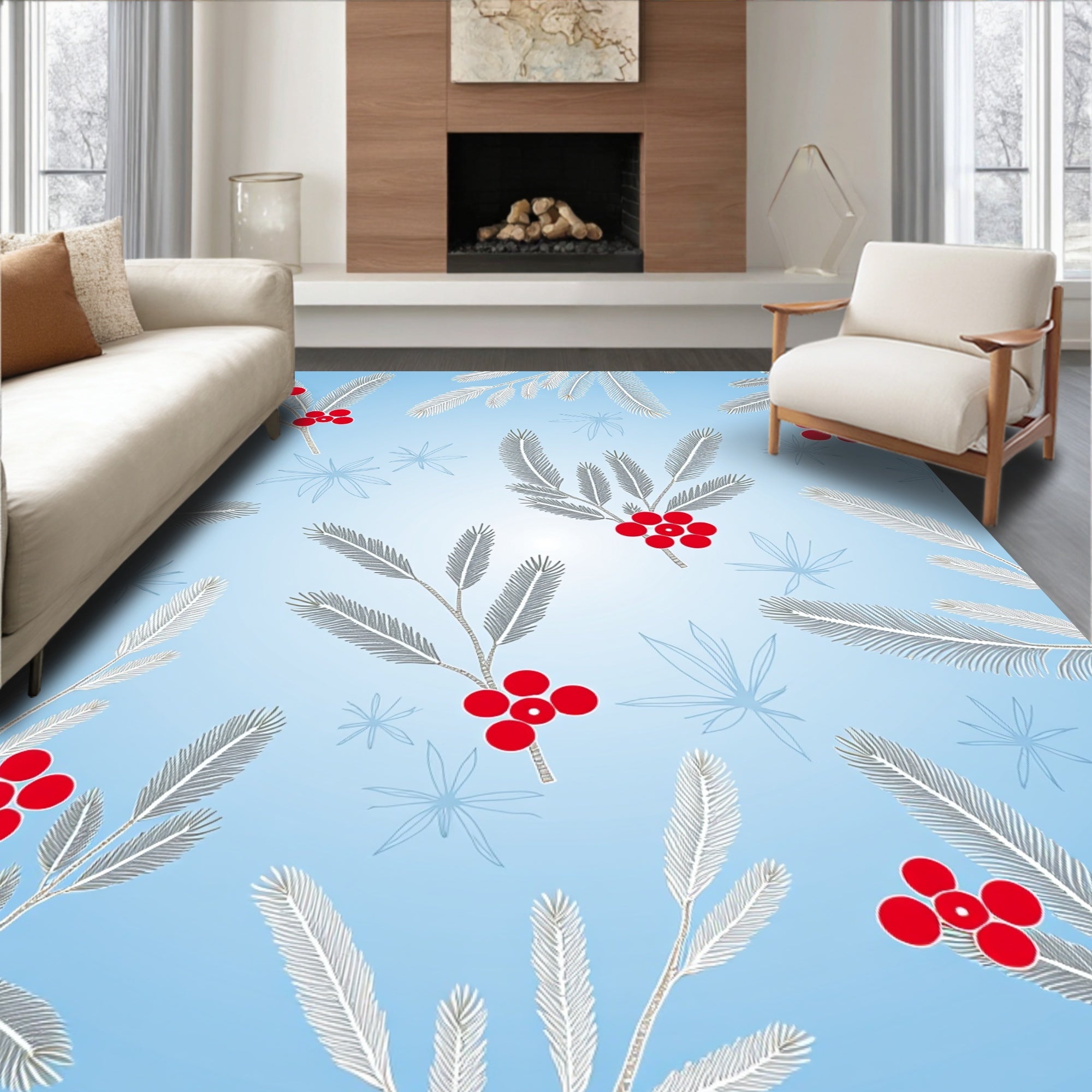 Winter Holly Berry Branches Blue Sky Rug