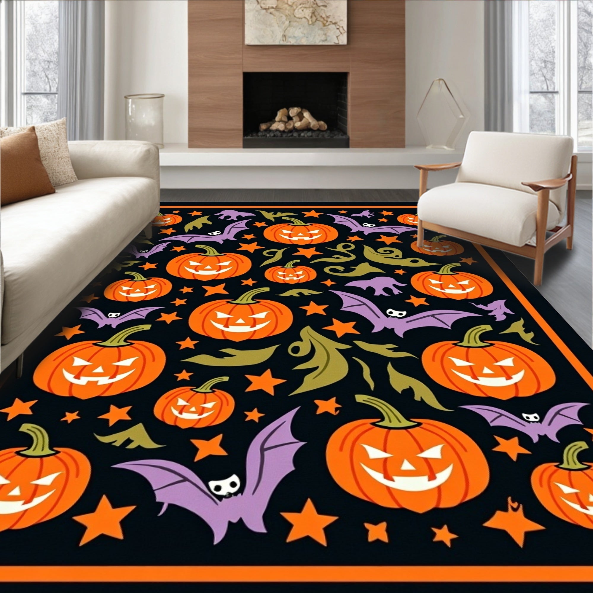 Spooky Orange Jack-o'-Lantern Bats Stars Rug