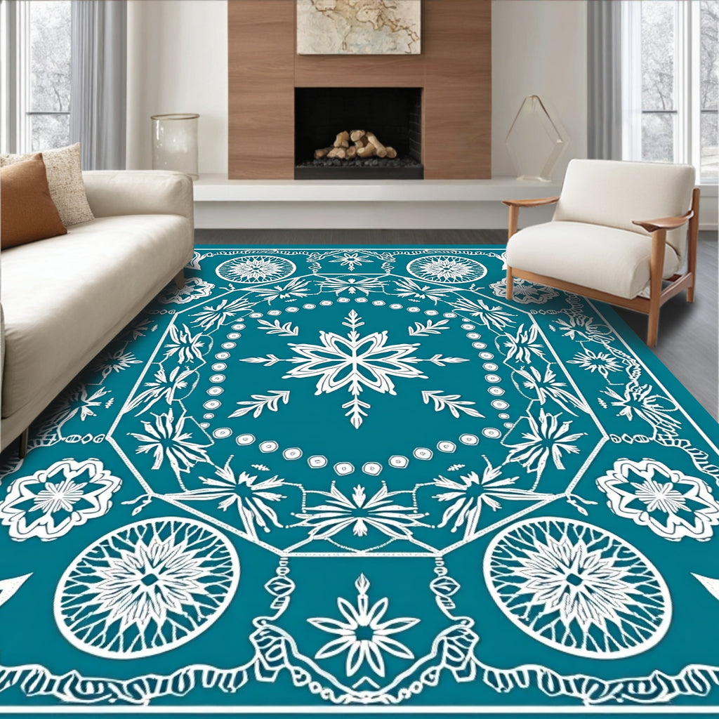 Teal White Symmetrical Mandala Floral Rug
