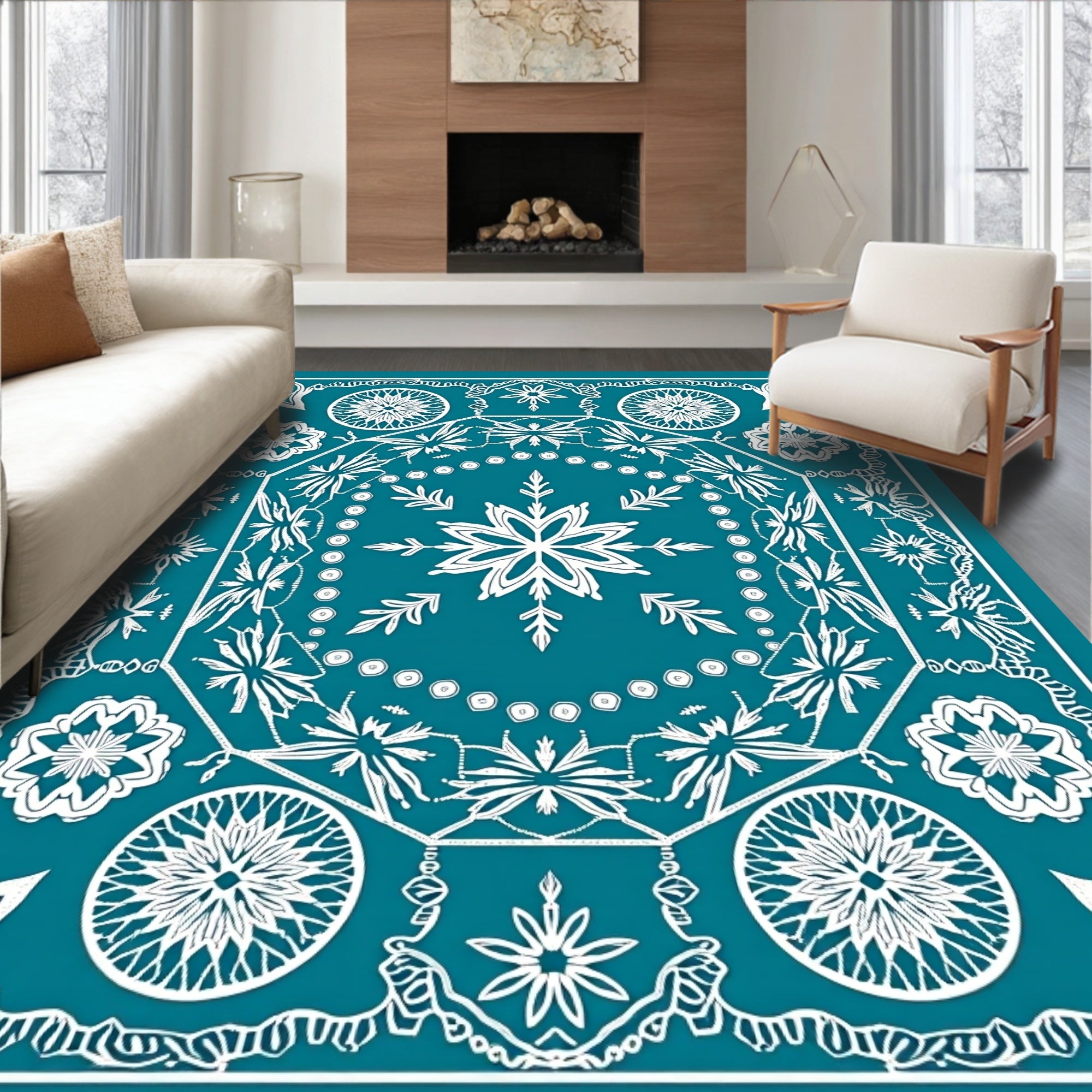 Teal White Symmetrical Mandala Floral Rug
