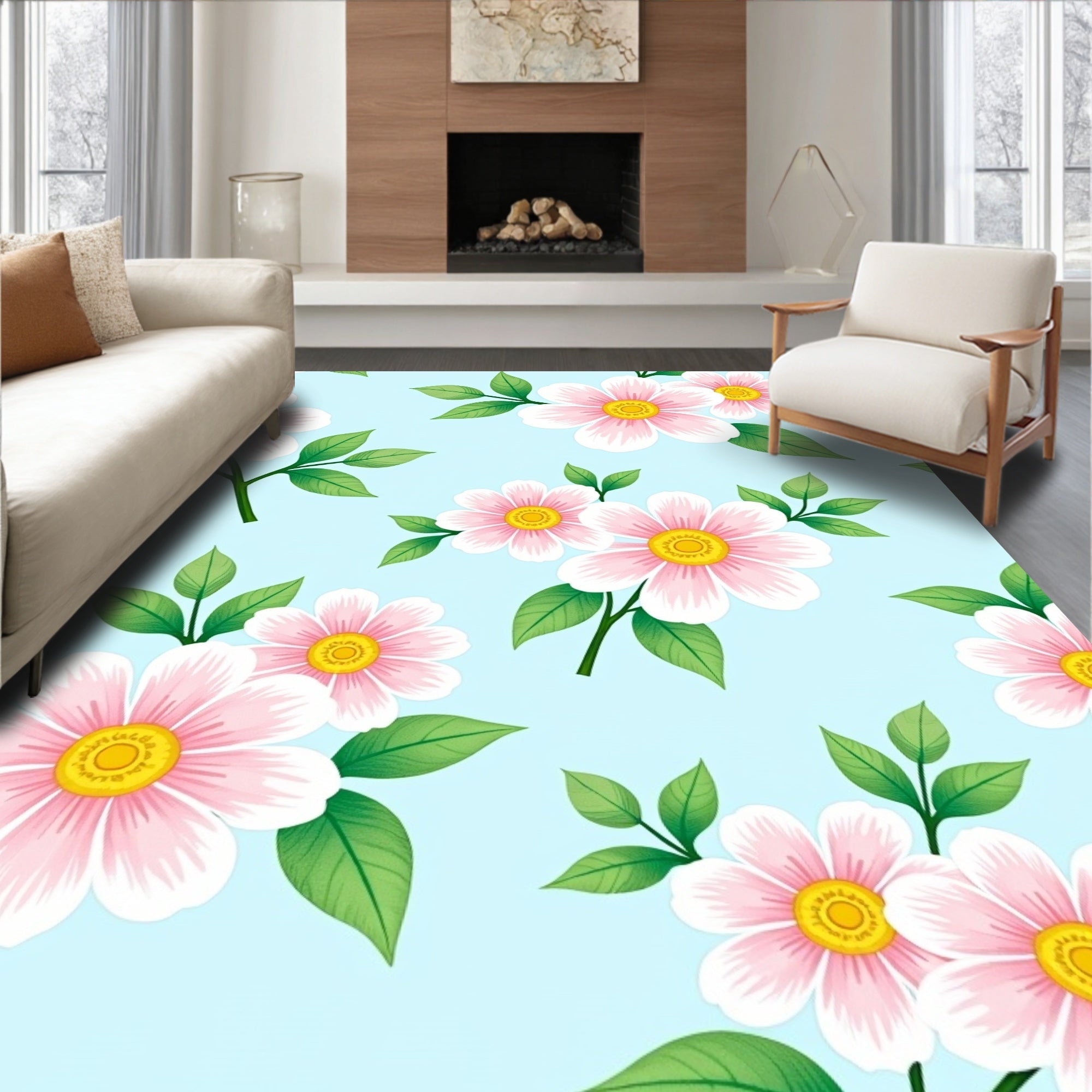 Pale Pink Blossom Green Leaf Canopy Rug